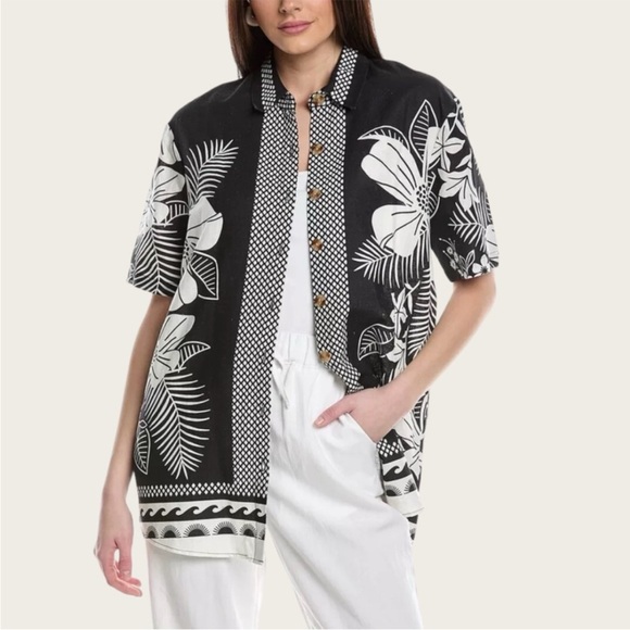 FARM Rio Tops - Farm Rio Macaw Elegance Uni Linen Blend Shirt Unisex Medium Short Sleeve Button